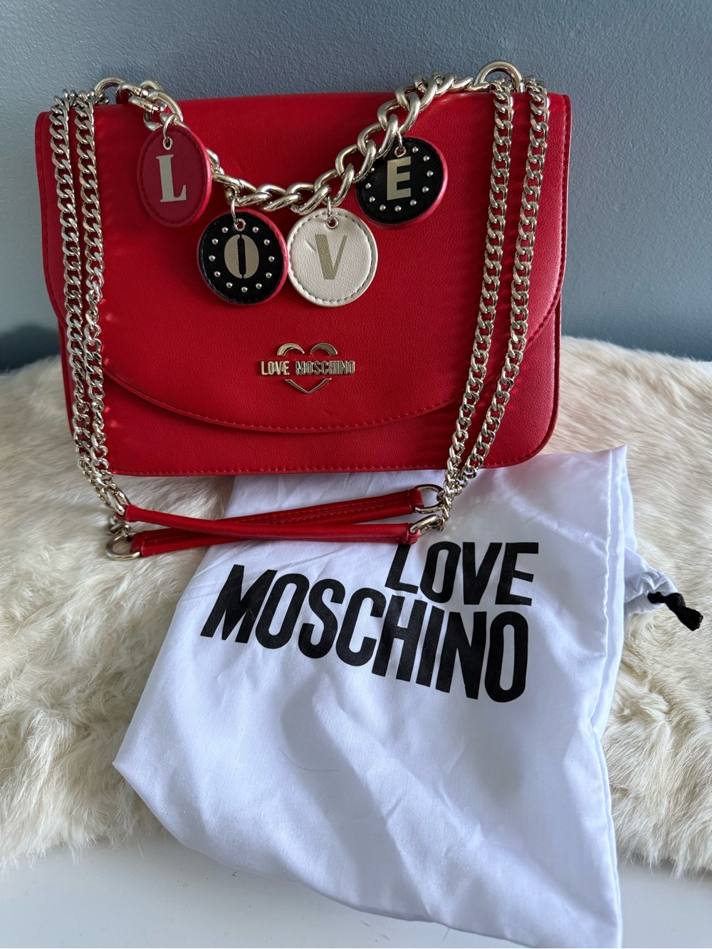Love Moschino Lovely Charms Red Shoulder Bag with Dust Bag